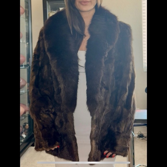 Vintage Dark Chocolate Brown Genuine Real Mink & Fox Fur Coat Small Oversized - Picture 1 of 7